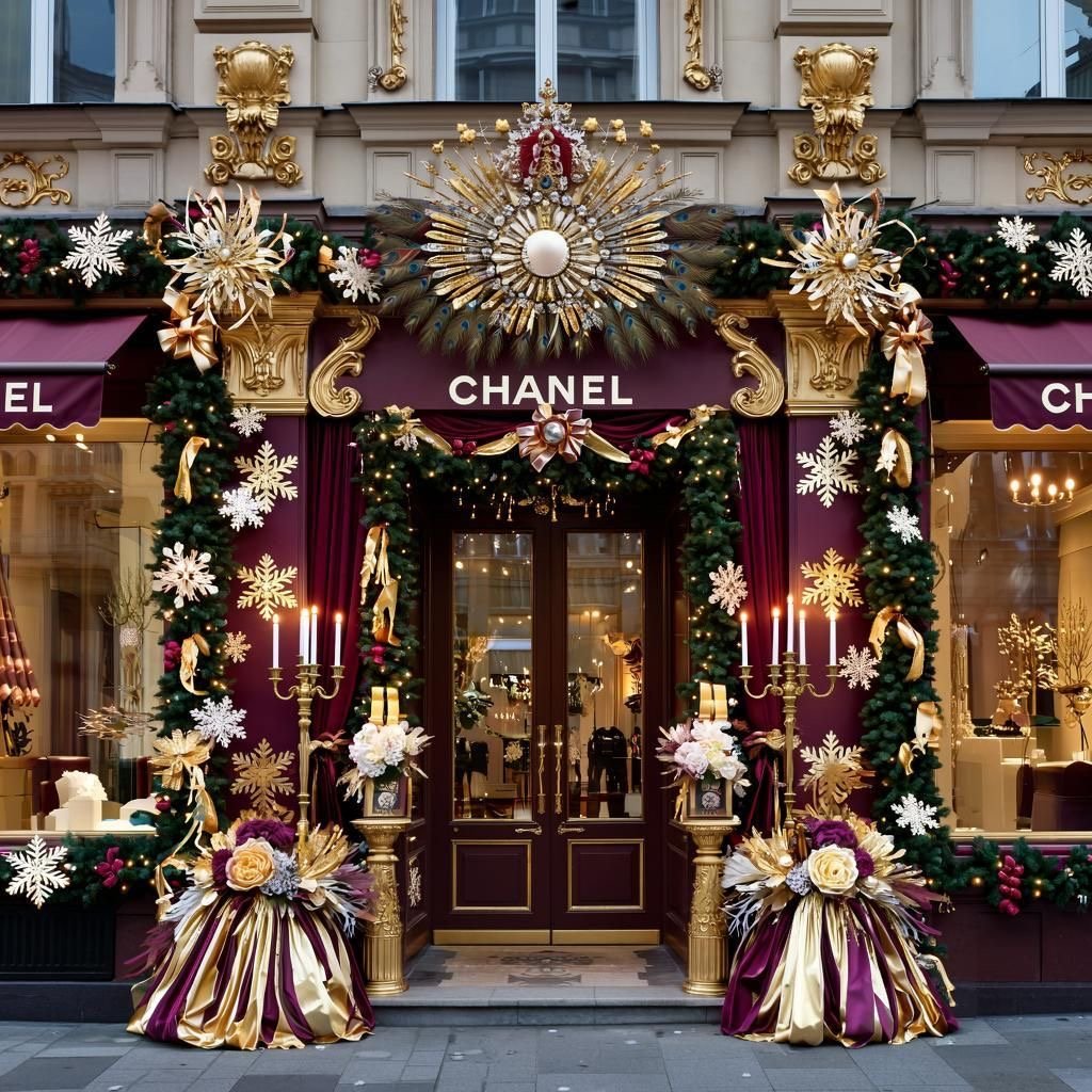 A Chanel shopfront decorated for Christmas with gold stars and garlands
